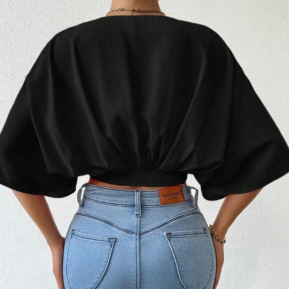 Vibrant Orange Button detail shirred Kimono Sleeve Blouse - Picture 4 of 11